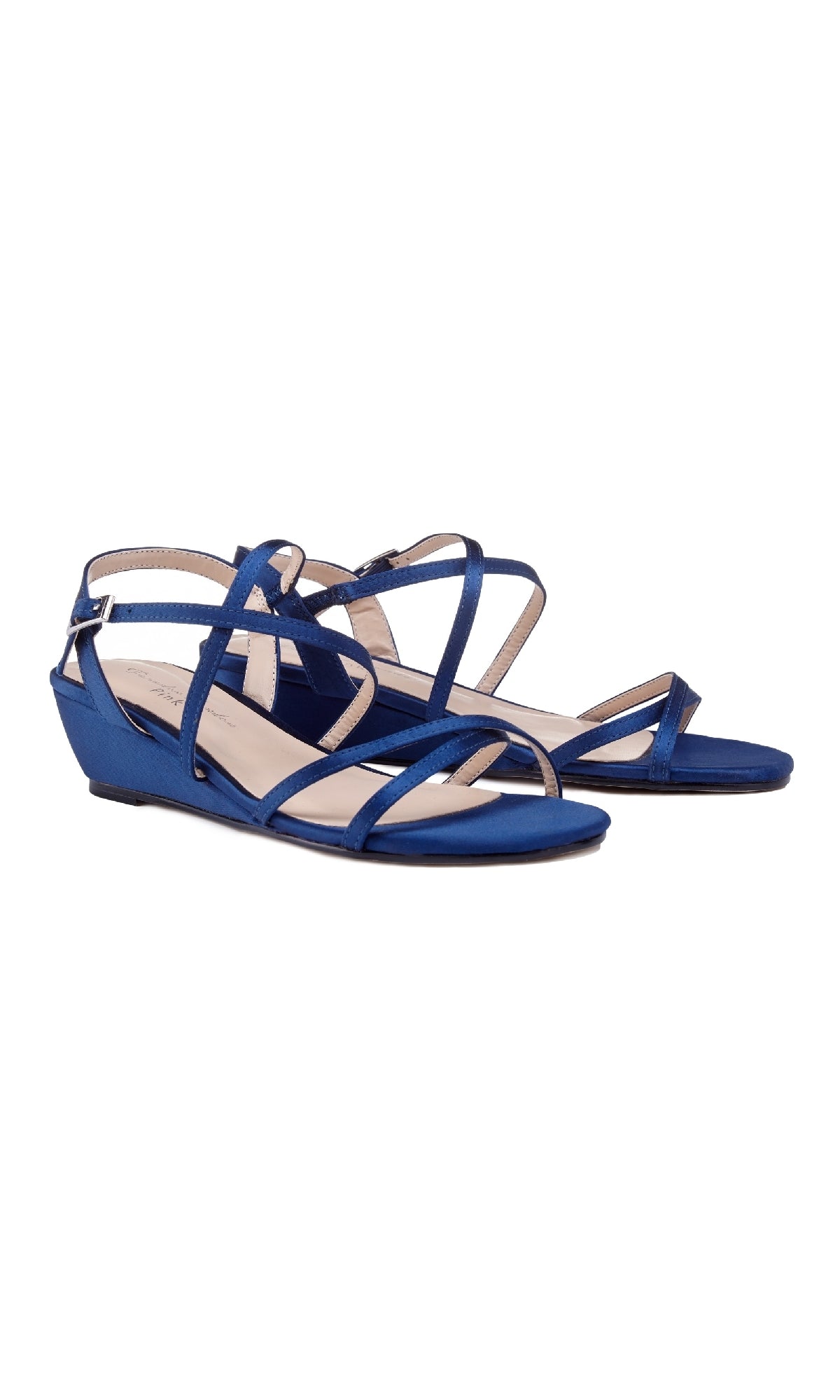 Kadie Navy Prom Shoes: Paradox London P1805 – open toe strappy navy blue satin shoes with low wedge heels and delicate ankle straps, shown on a white background.